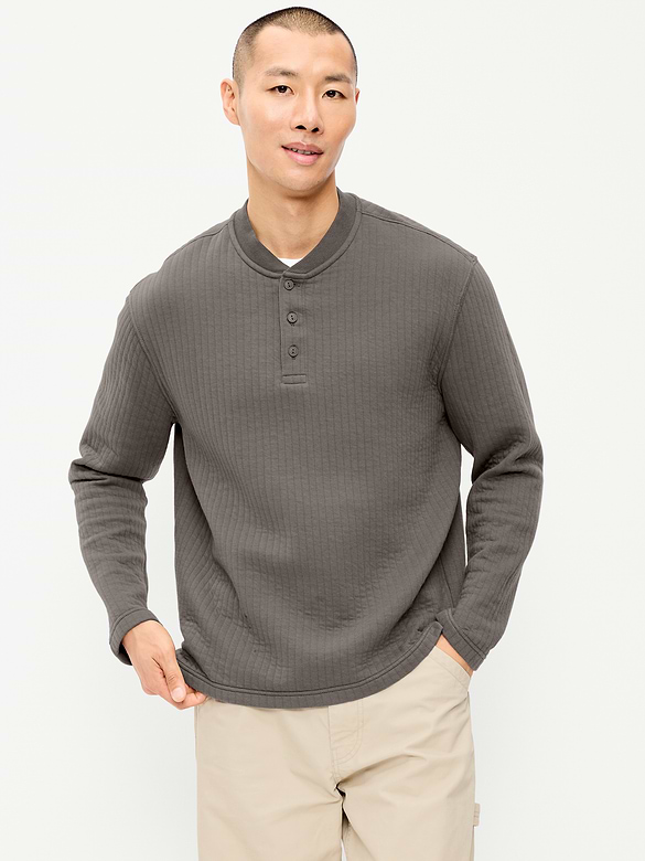 Long-Sleeve Quilted Fleece Henley Sweatshirt