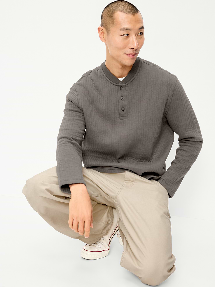 Image 3 of 4, Long-Sleeve Quilted Fleece Henley Sweatshirt