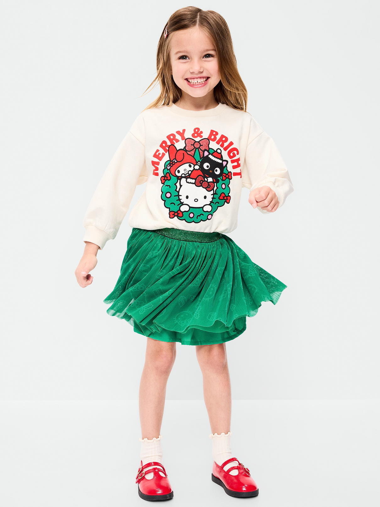 Image 1 of 5, crew neck, long sleeves, drop shoulders, licensed graphic, coordinating skirt, elasticized waistband, mesh tulle tutu skirt, © 2026 SANRIO CO. LTD. Used Under License, Product #1184110