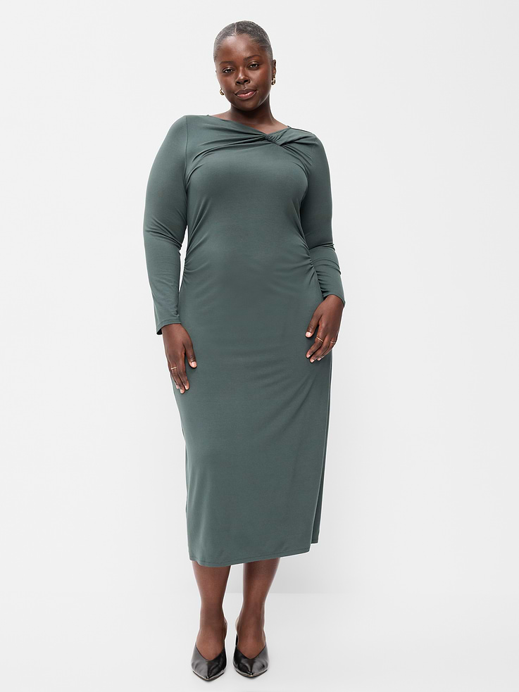 Image 9 of 10, Long-Sleeve Twist-Front Ruched Midi Dress