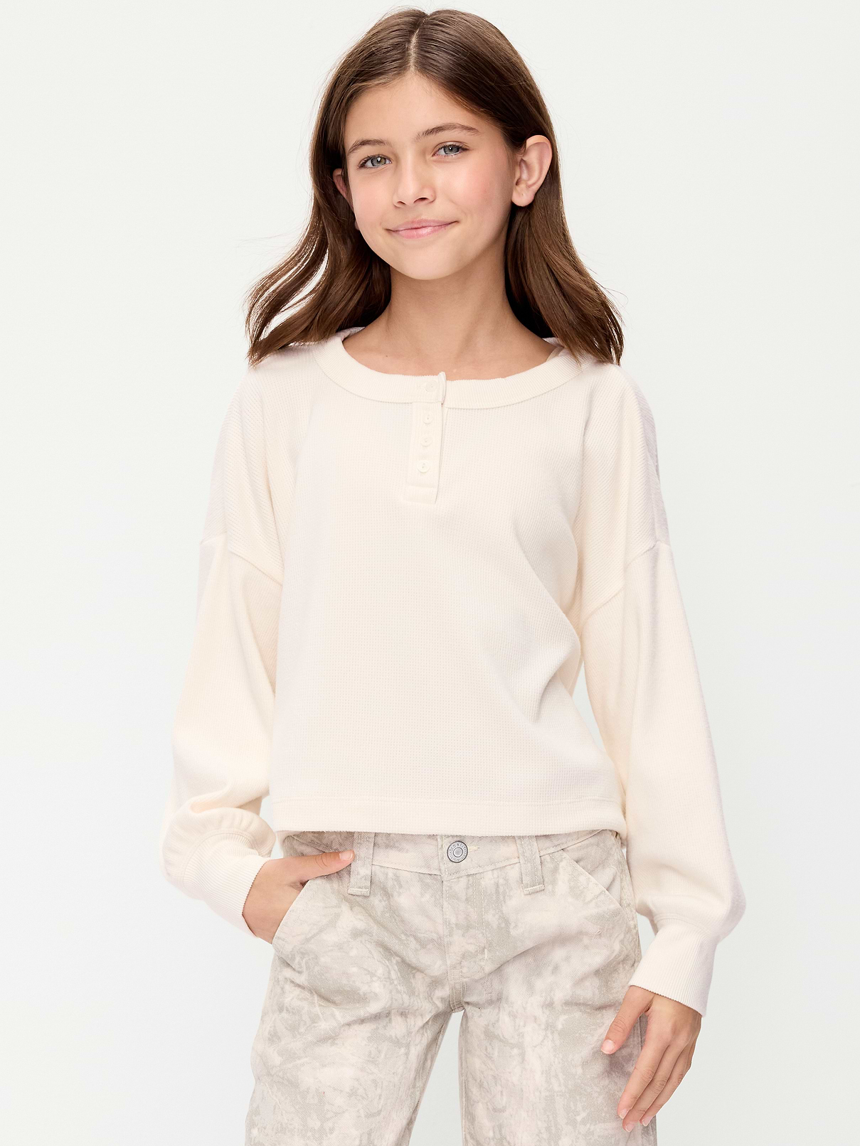 Image 1 of 2, crew neck, four-button henley placket, long sleeves, drop shoulders, Product #1181547
