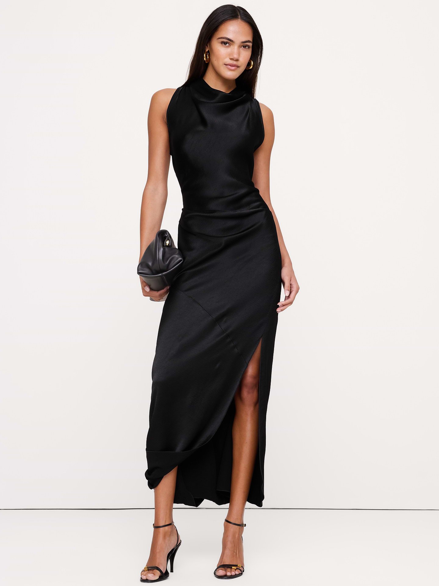 Image 1 of 8, This special cowl-neck maxi dress is cut from a textured hammered satin fabric. Here, we expertly cut it on the bias to increase its drape and showcase this special fabric's sophisticated shine., Sheath Fit: Slim. Sits close to the body with a flare skirt., Cowl neck with invisible zip closure at back., Unlined., Product #1180145