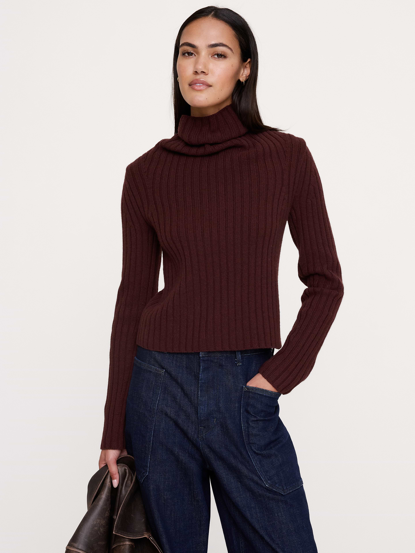 Image 1 of 7, Cut from a beautifully warm Merino wool and soft cotton blend, this drape funnel-neck sweater gives you two ways to wear it—classic and tucked, or draped to the side for a little drama. Your call., Classic Fit: A straight and easy fit., Funnel neck with split at back., Straight hem., Product #1180198