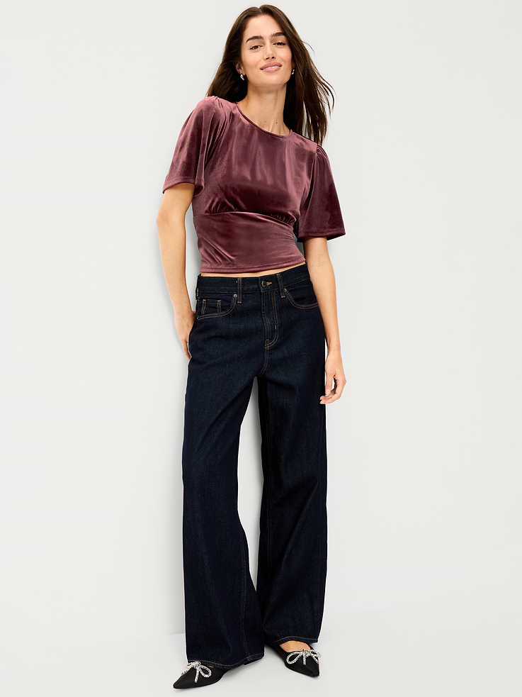Image 3 of 8, Velvet Flutter-Sleeve Empire-Waist Top