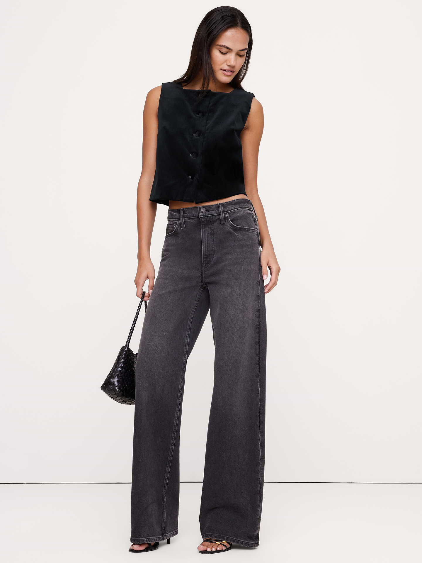 Image 1 of 7, A nod to the 90s, we cut this classic sleeveless top with a squared neckline and a button front in our premium velvet., Classic Fit: A straight and easy fit., High, square neckline., Button front., Straight hem., Unlined., Product #1186891