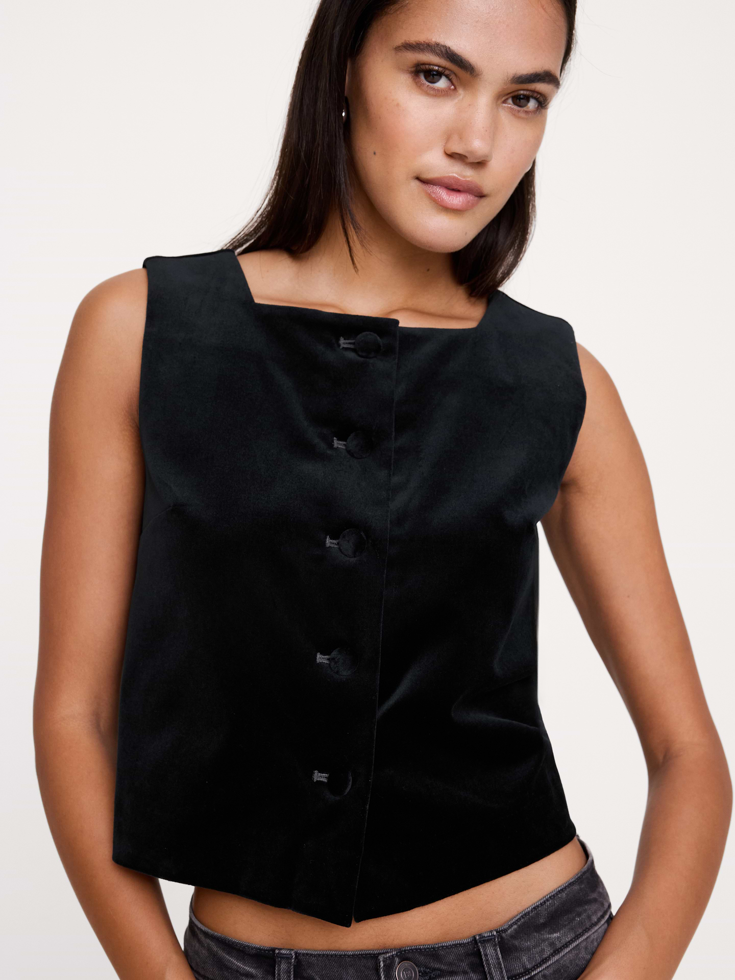 Image 3 of 7, Velvet Button-Front Tank