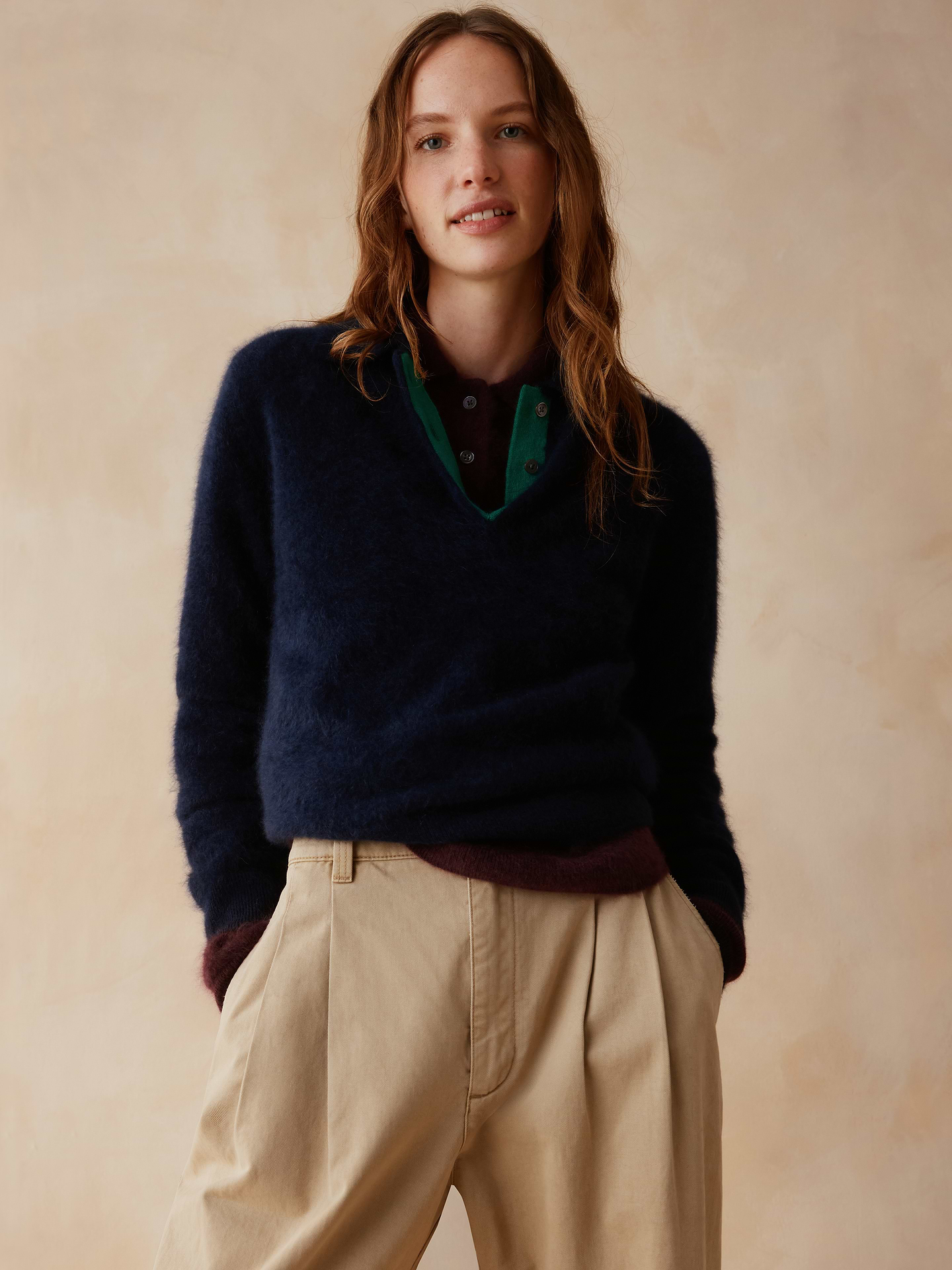 Image 1 of 8, This cashmere sweater polo gets a brushed finish that only adds to the oversized, cozy appeal., Introducing our exclusive collaboration with ZANKOV. Future heirlooms that bring together our heritage details and the knitwear designer's vibrant textures., Relaxed Fit: A straight and roomy fit, styled oversized to work on any body., Polo collar with button placket., Straight hem., Product #1187831