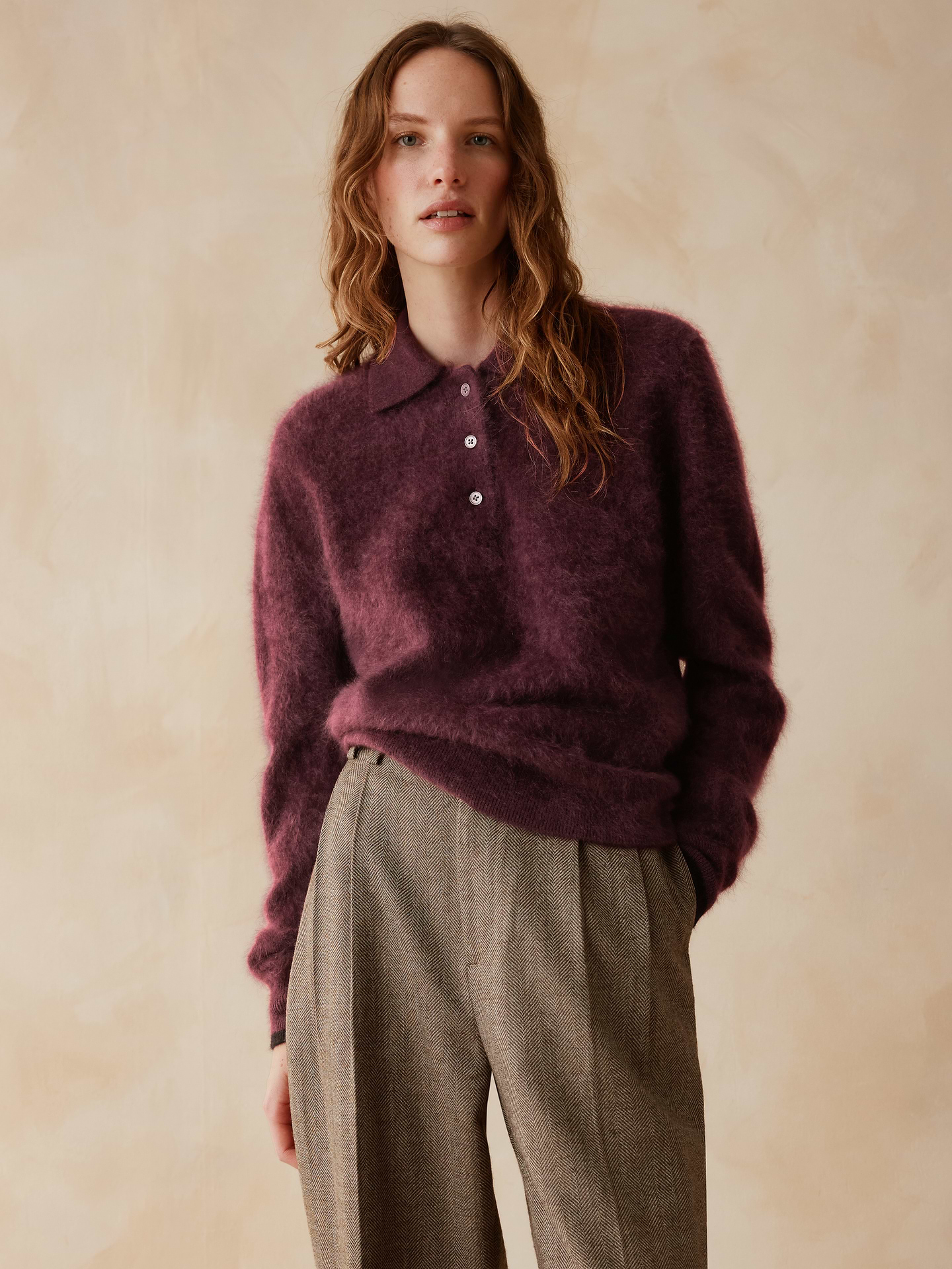 Image 1 of 8, This cashmere sweater polo gets a brushed finish that only adds to the oversized, cozy appeal., Introducing our exclusive collaboration with ZANKOV. Future heirlooms that bring together our heritage details and the knitwear designer's vibrant textures., Relaxed Fit: A straight and roomy fit, styled oversized to work on any body., Polo collar with button placket., Straight hem., Product #1187831