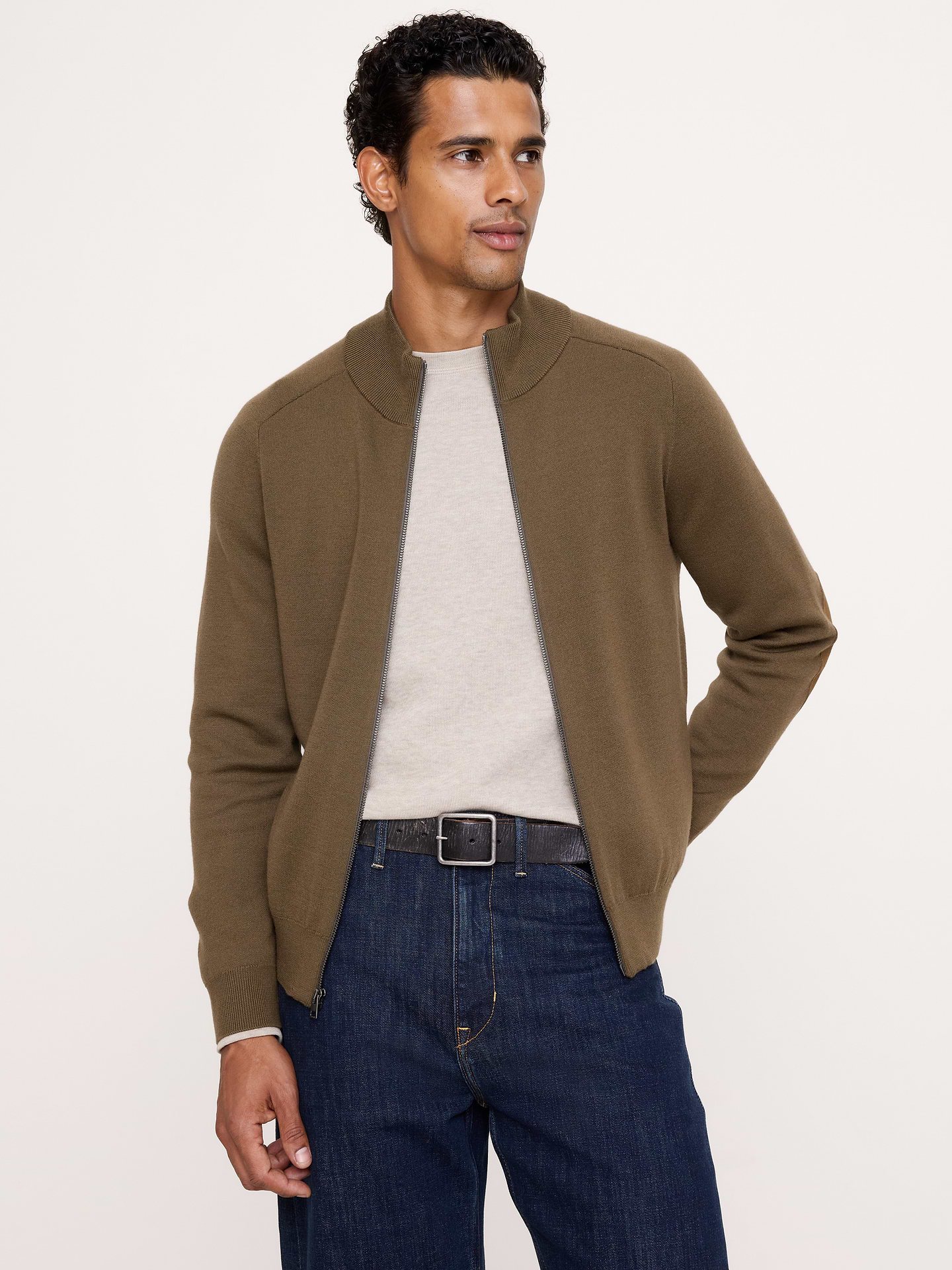 Image 1 of 4, We put a spin on the classic. This sweater jacket is made from soft, superfine Merino wool, double-faced for exceptional warmth without extra weight. Plus, we added genuine suede elbow patches for rugged durability., Standard fit: A straight and easy fit., Stand collar with zip closure., Suede elbow patches., Straight hem., Unlined., Product #906809