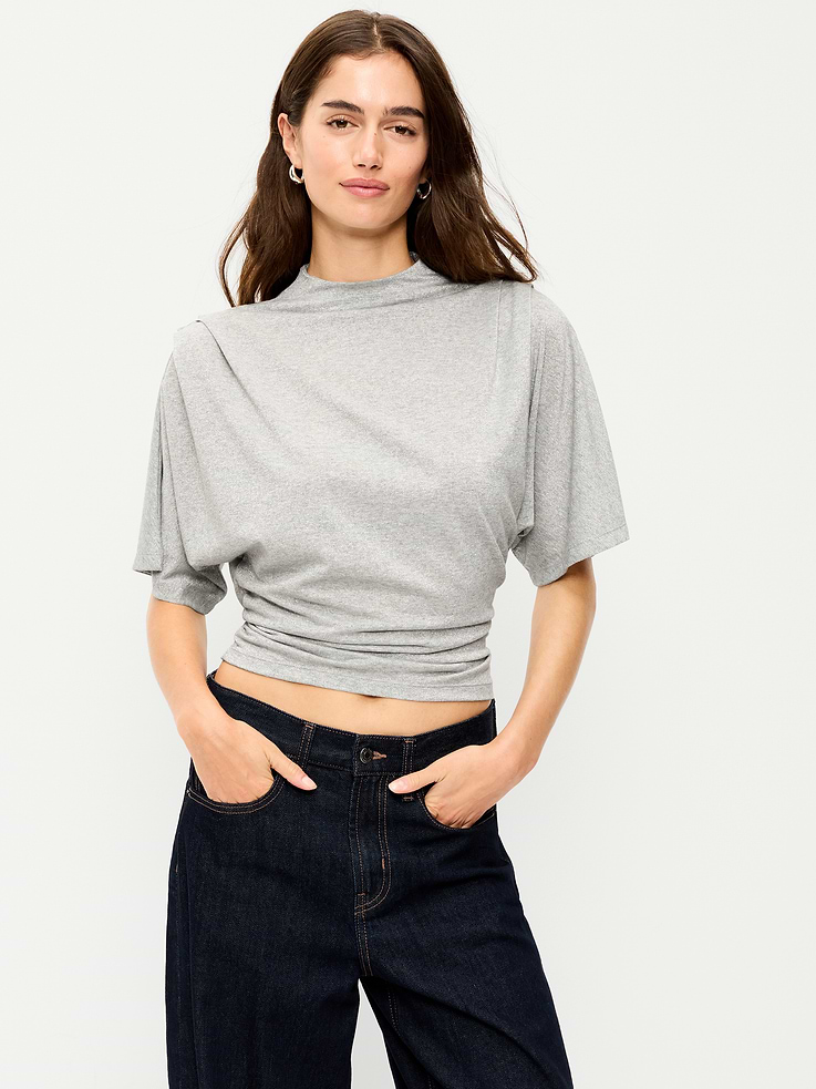 Image 1 of 5, high neck, short flutter sleeves, ruching at waist, Product #908479