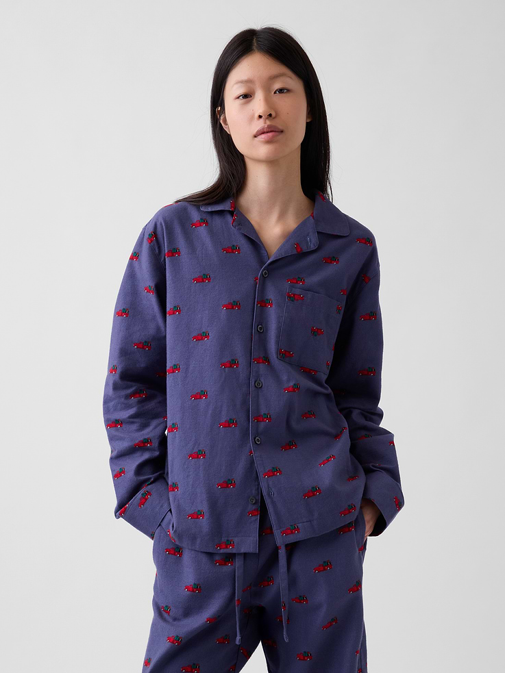 Image 1 of 6, Our softest flannel ever. Double washed for extra softness. Fully relaxed for easy comfort. Universally perfect for absolutely everyone., Supersoft cotton flannel pajama sleep shirt. In an oversized fit., Notch collar., Long sleeves., Button front., Chest patch pocket., Allover plaid., Shop matching PJs for all., Product #913353
