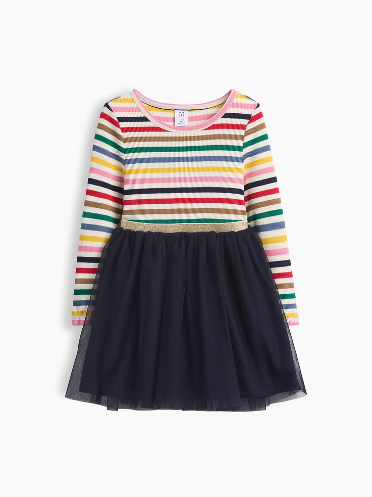 Image 1 of 4, Soft, ribbed knit cotton top and poplin-lined skirt with a mesh tulle top layer., Round neck., Long sleeves., Striped top., Elasticized sparkle waistband., Layered skirt., Product #1185504