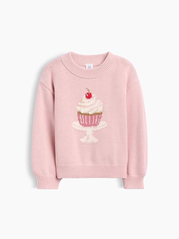 Image 1 of 4, Soft knit cotton sweater., Crewneck., Long sleeves., Ribbed cuffs and hem., Graphic at front or allover print., This product was made in a factory that invests in gender equity and women’s empowerment through RISE. Learn more at gapinc.com/equity ., Product #1184977