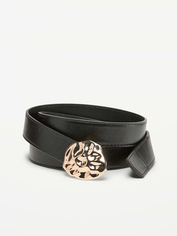 Gold-Nugget Buckle Faux-Leather Belt