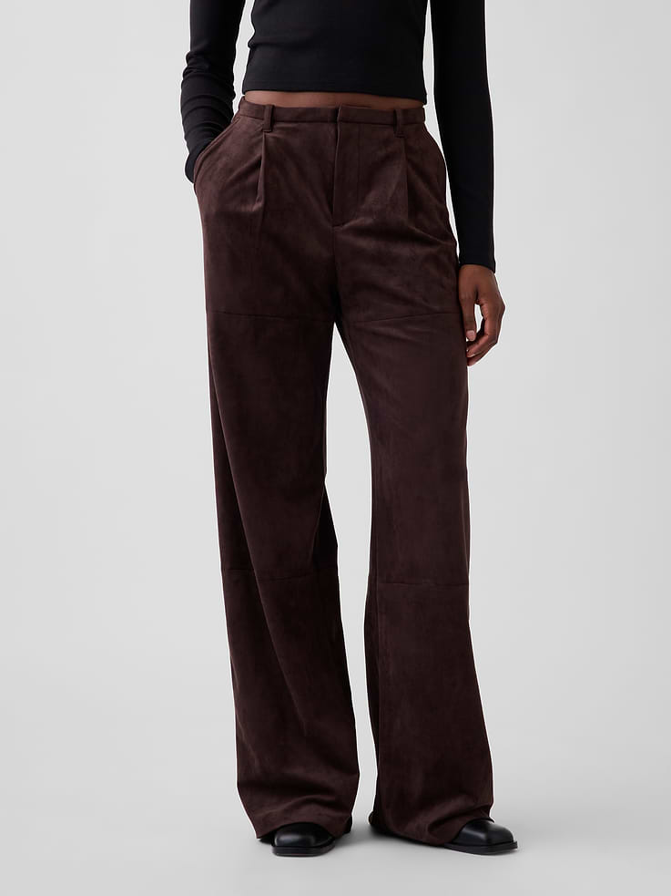 Image 2 of 6, Vegan Suede Pleated Wide-Leg Pants