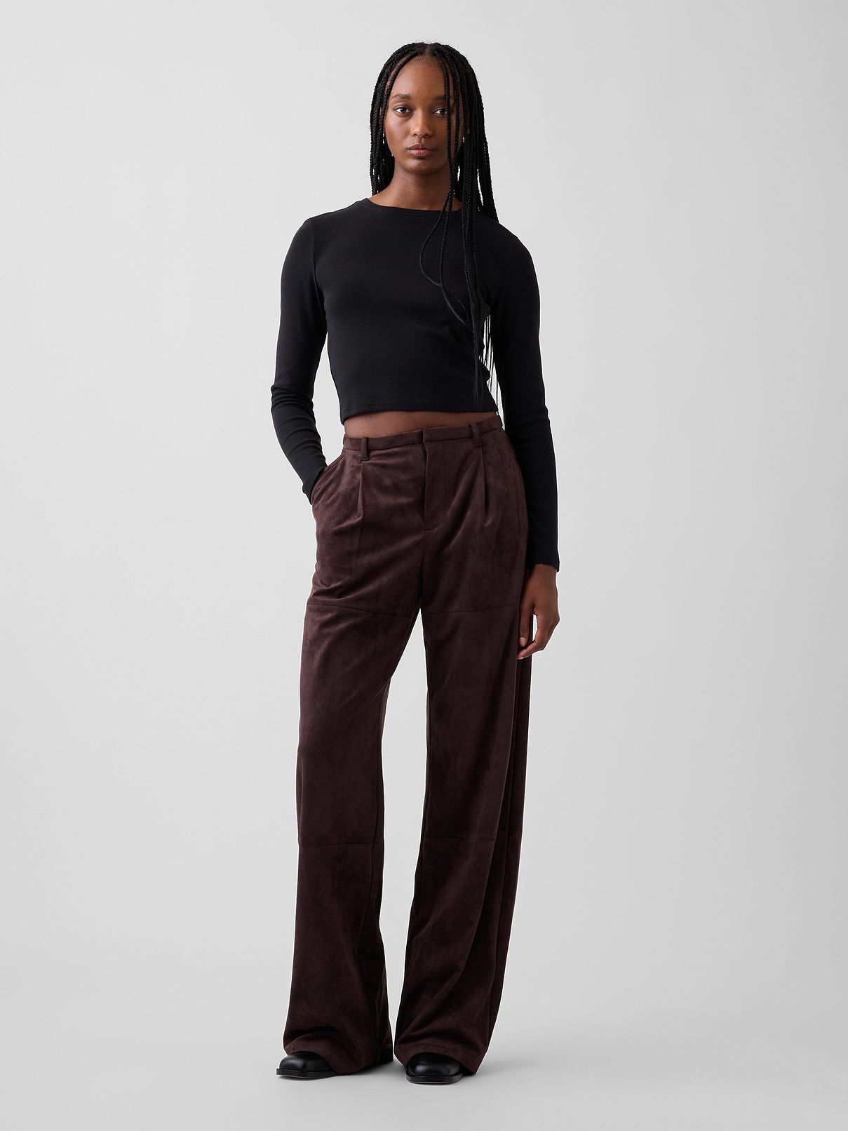 Vegan Suede Pleated Wide-Leg Pants