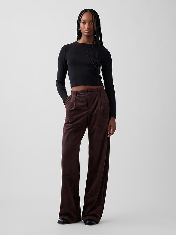 Vegan Suede Pleated Wide-Leg Pants