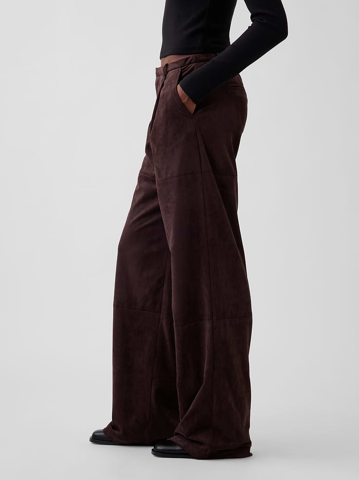 Image 3 of 6, Vegan Suede Pleated Wide-Leg Pants