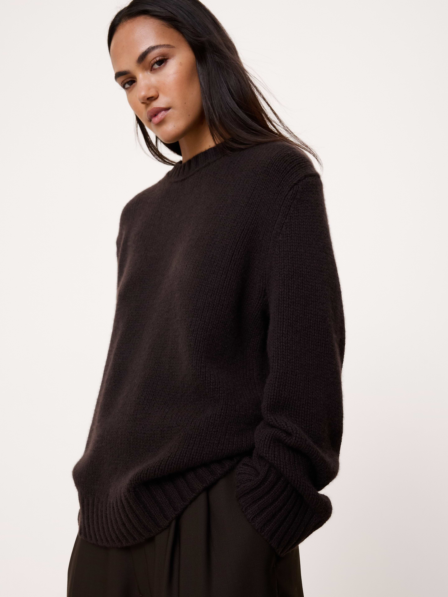 Image 1 of 6, The vibe here is relaxed, yet put-together. We cut this sweater with a bit of ease, adding a little length to the sleeves for a slouchy look. To make it luxe, we selected our signature midweight cashmere yarn so it's ideal in cooler seasons., Ultra-Oversized Fit: Lots of room through chest, shoulders, and waist. Dropped shoulder seam., Crew neck., Straight hem., Product #1184610