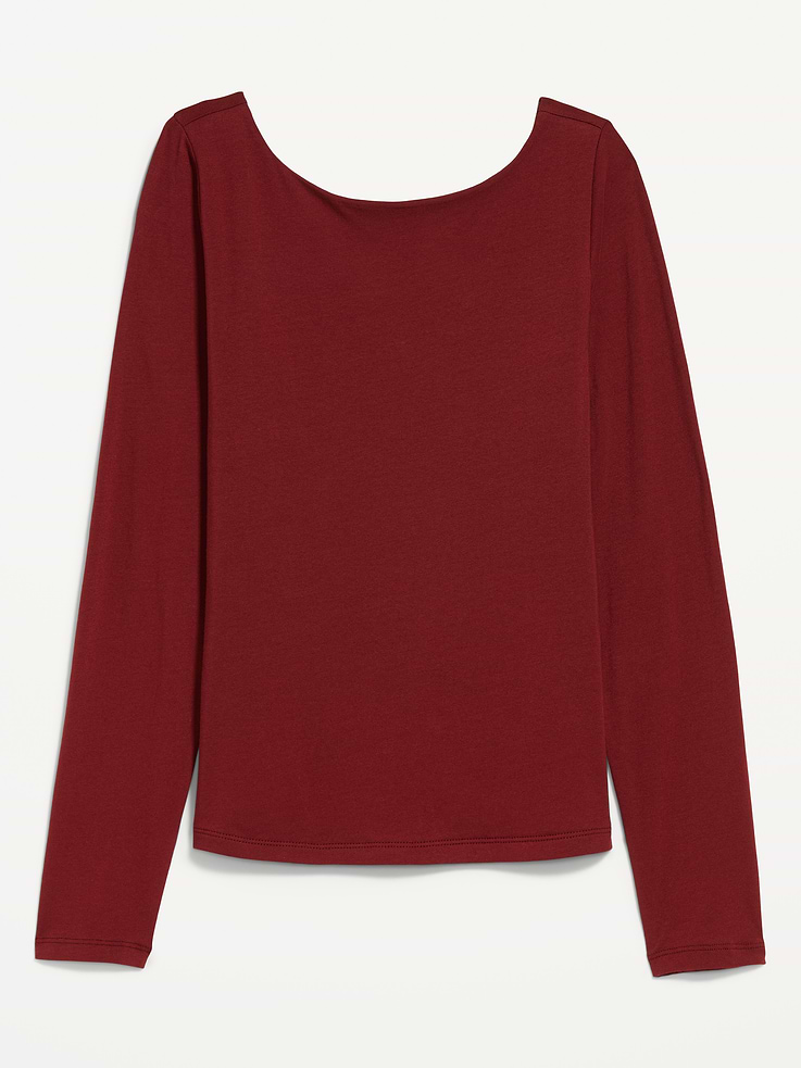 Image 1 of 4, boat neckline, deep scoop back, long sleeves, double-layer fabric, fitted silhouette, Product #1183980