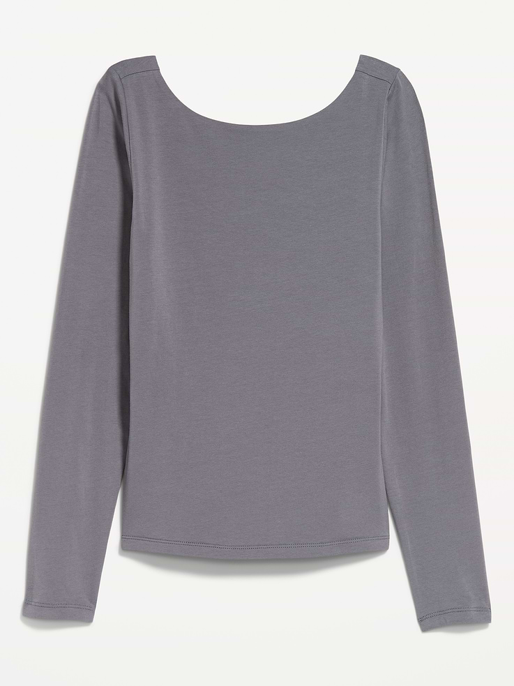 Image 1 of 6, boat neckline, deep scoop back, long sleeves, double-layer fabric, fitted silhouette, Product #1183980