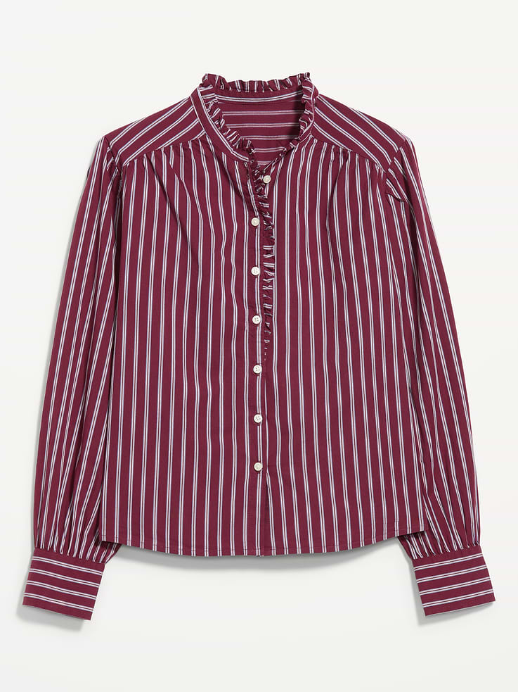 Image 1 of 4, standing collar, ruffle-trimmed placket, long blouson sleeves, button cuffs, Product #1185406