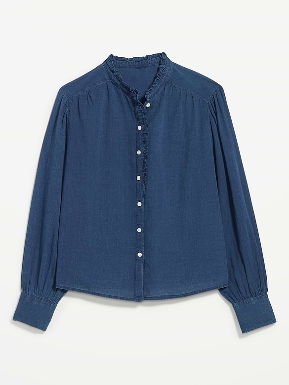 Long-Sleeve Ruffle-Trim Button-Front Top