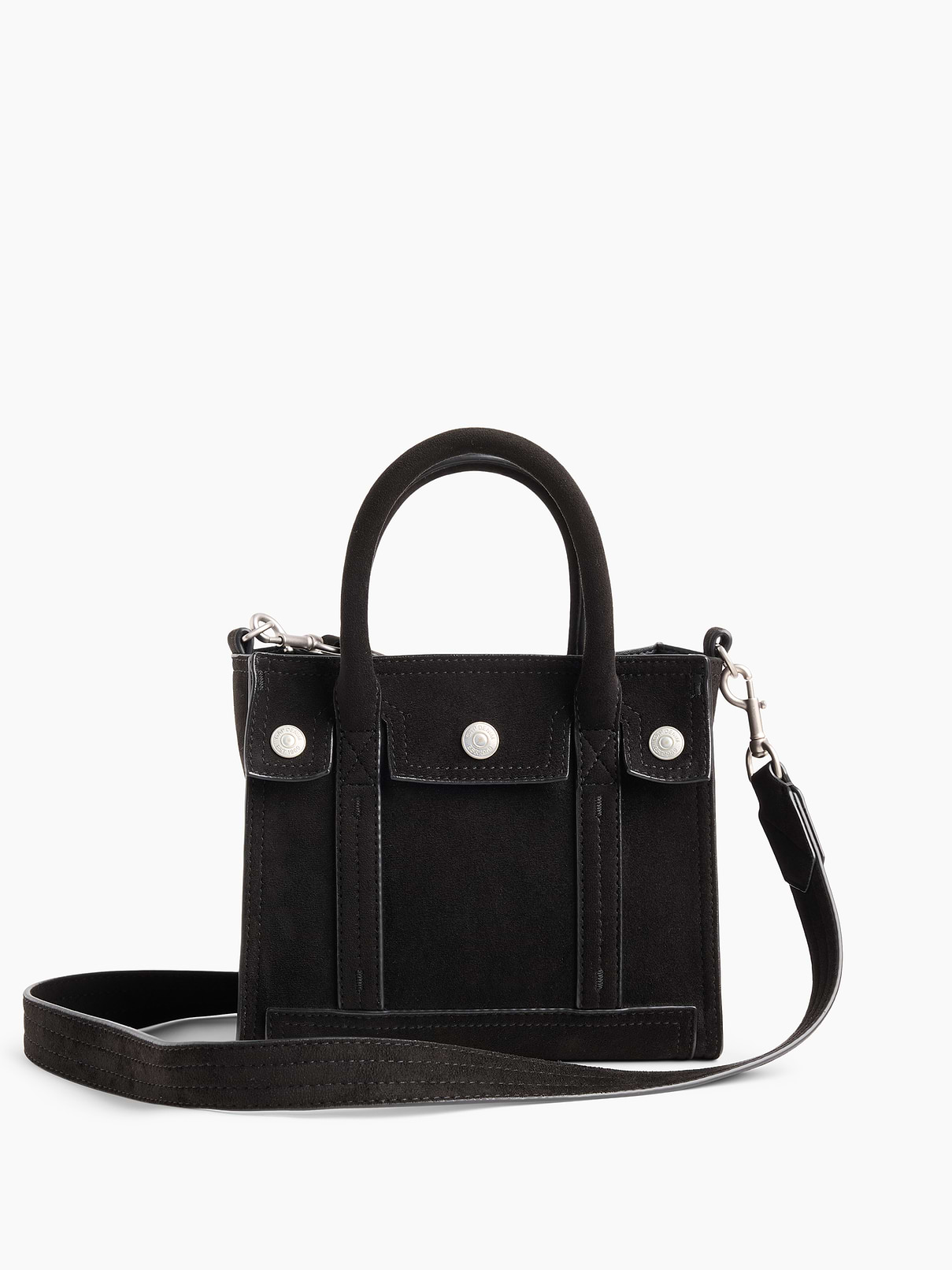 Image 1 of 7, Soft vegan suede tote bag. With vegan leather lining., Worn crossbody or handheld., Double handles and removable shoulder strap., Bridge snap closure at top., Button-snap pocket at front., Note: The dye used in the crafting of this product is prone to crocking, or color transfer. Please avoid contact with light-colored fabric or upholstery., Product #1189086