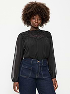 Image 1 of 3, mock neck with lace trim, lace yoke with floral detailing, long sleeves, shirred detailing, keyhole cutout with button closure at back, Product #1184398