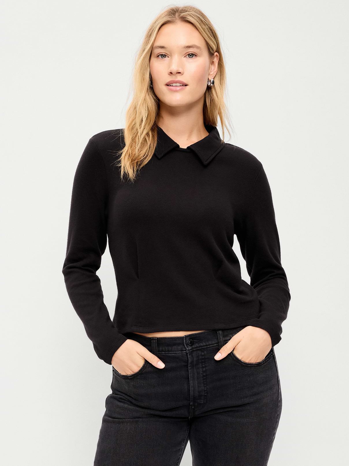 Long-Sleeve Brushed-Jersey Polo Top