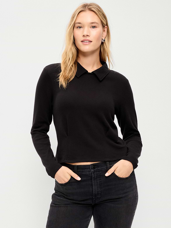 Long-Sleeve Brushed-Jersey Polo Top