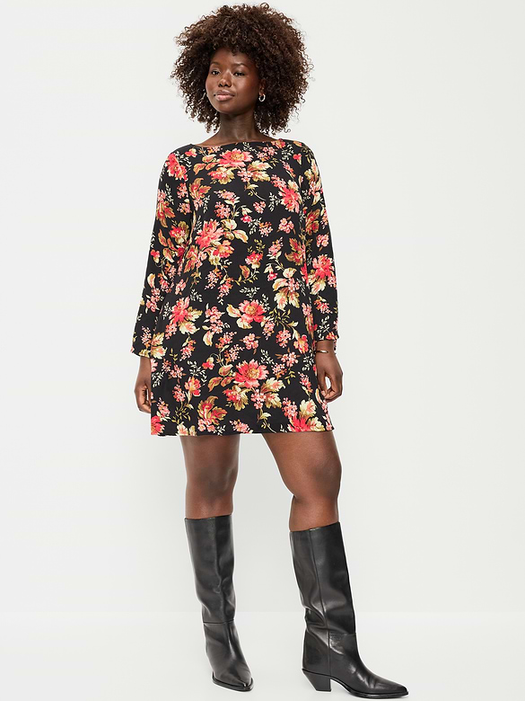 Long-Sleeve Crepe Swing Mini Dress