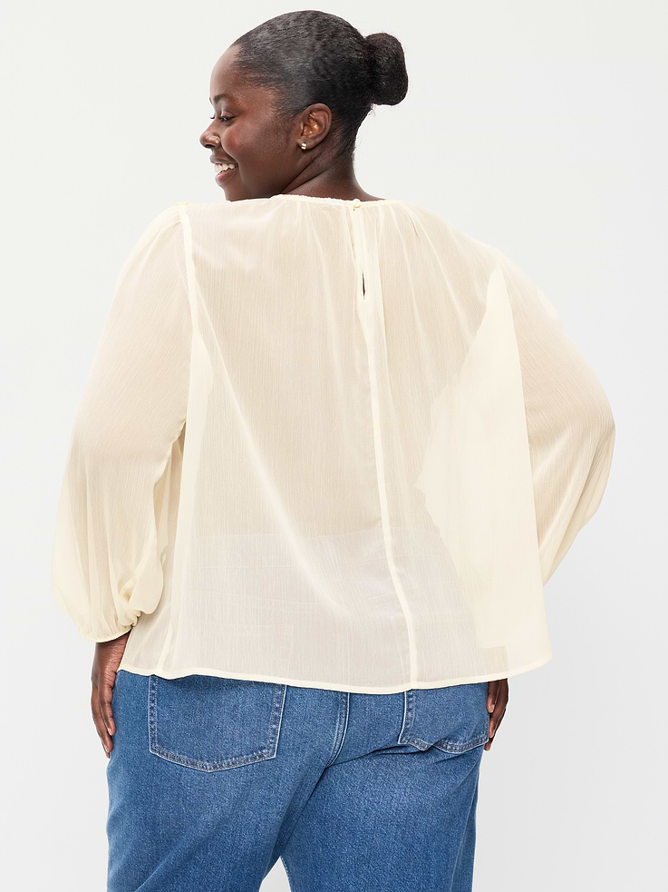 Image 6 of 6, Long-Sleeve Chiffon Sheer Lace-Trim Top