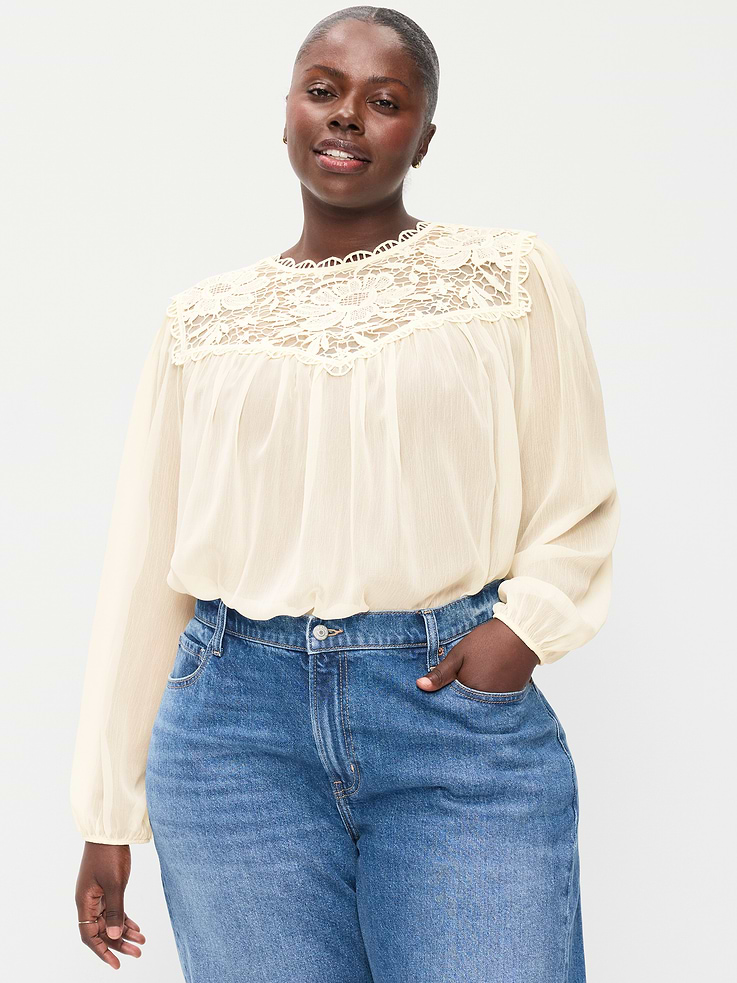 Image 5 of 6, Long-Sleeve Chiffon Sheer Lace-Trim Top