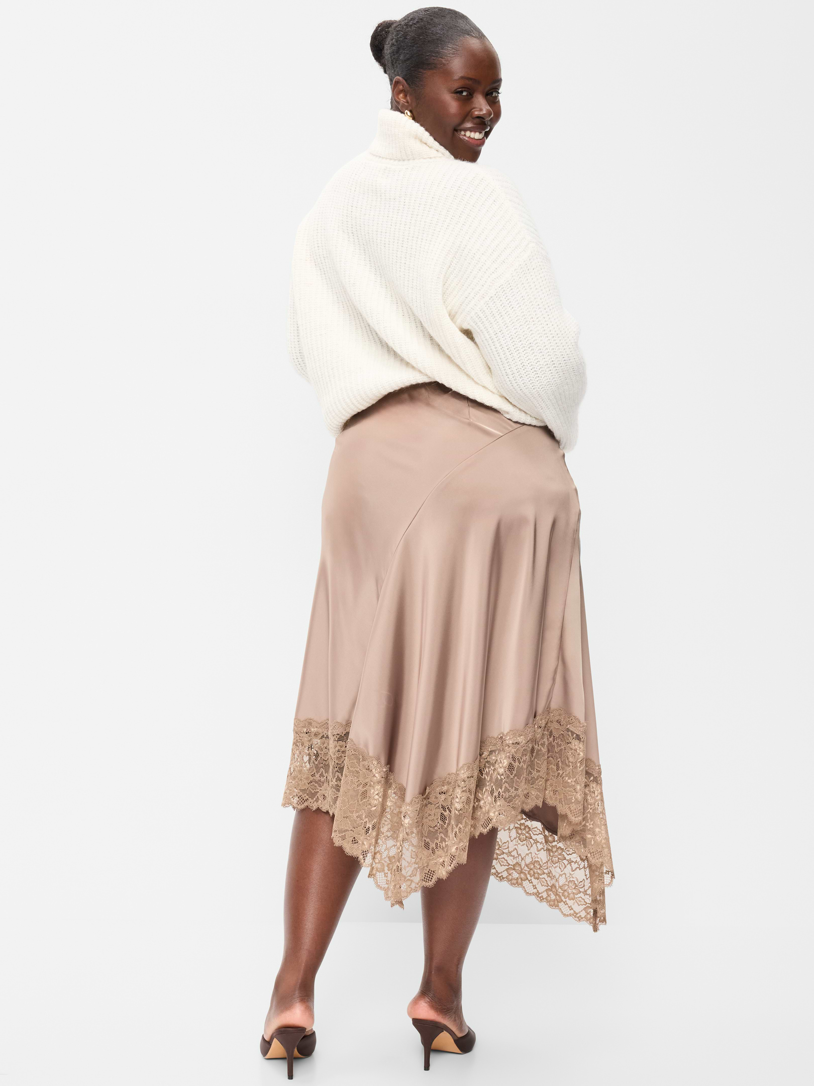 Image 7 of 7, Satin Asymmetrical-Hem Midi Skirt, New
