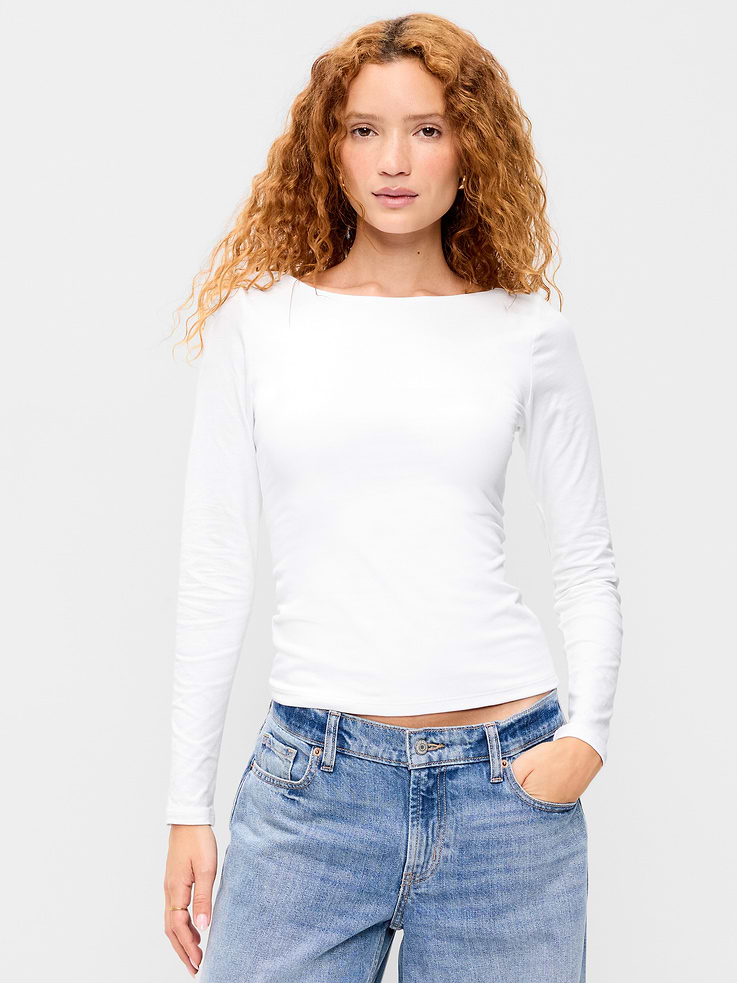 Image 1 of 8, boat neckline, deep scoop back, long sleeves, double-layer fabric, fitted silhouette, Product #1183980