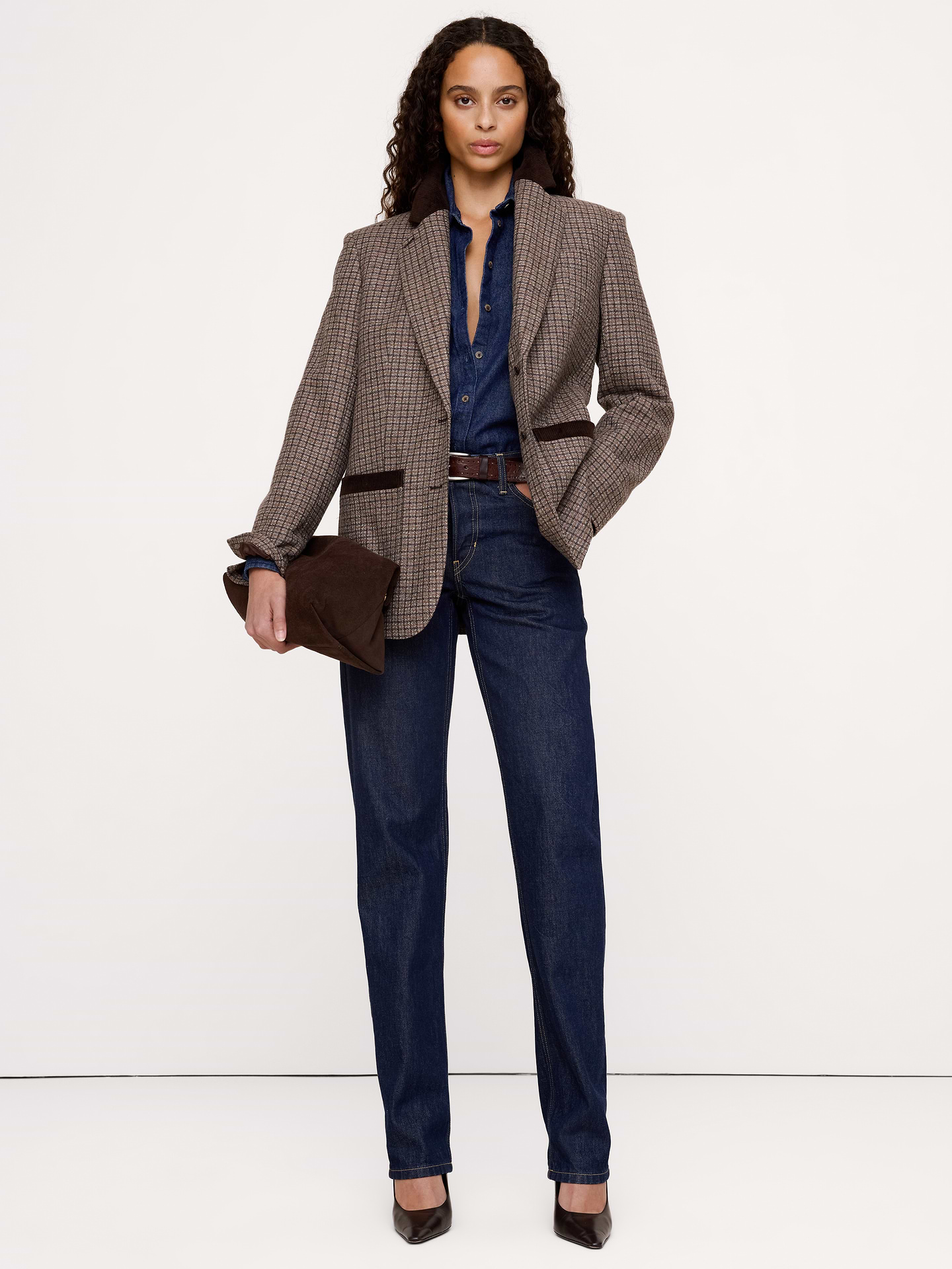 Image 1 of 6, Our take on a classic borrowed-from-the-boys silhouette, we cut this blazer for a tailored-yet-relaxed look. For fabric, reached for an Italian wool-blend tweed that’s warm-handed and a little dressed up. Pair it with the matching pant for a head-to-toe moment., Boyfriend Fit: Relaxed shoulder, straight through the waist., Fabric from Italy's Lanificio Fratelli Balli mill., Notch lapel with 2-button front closure., Corduroy top collar and patch pocket opening., Front pockets., Single back vent., Lined., Product #1186878