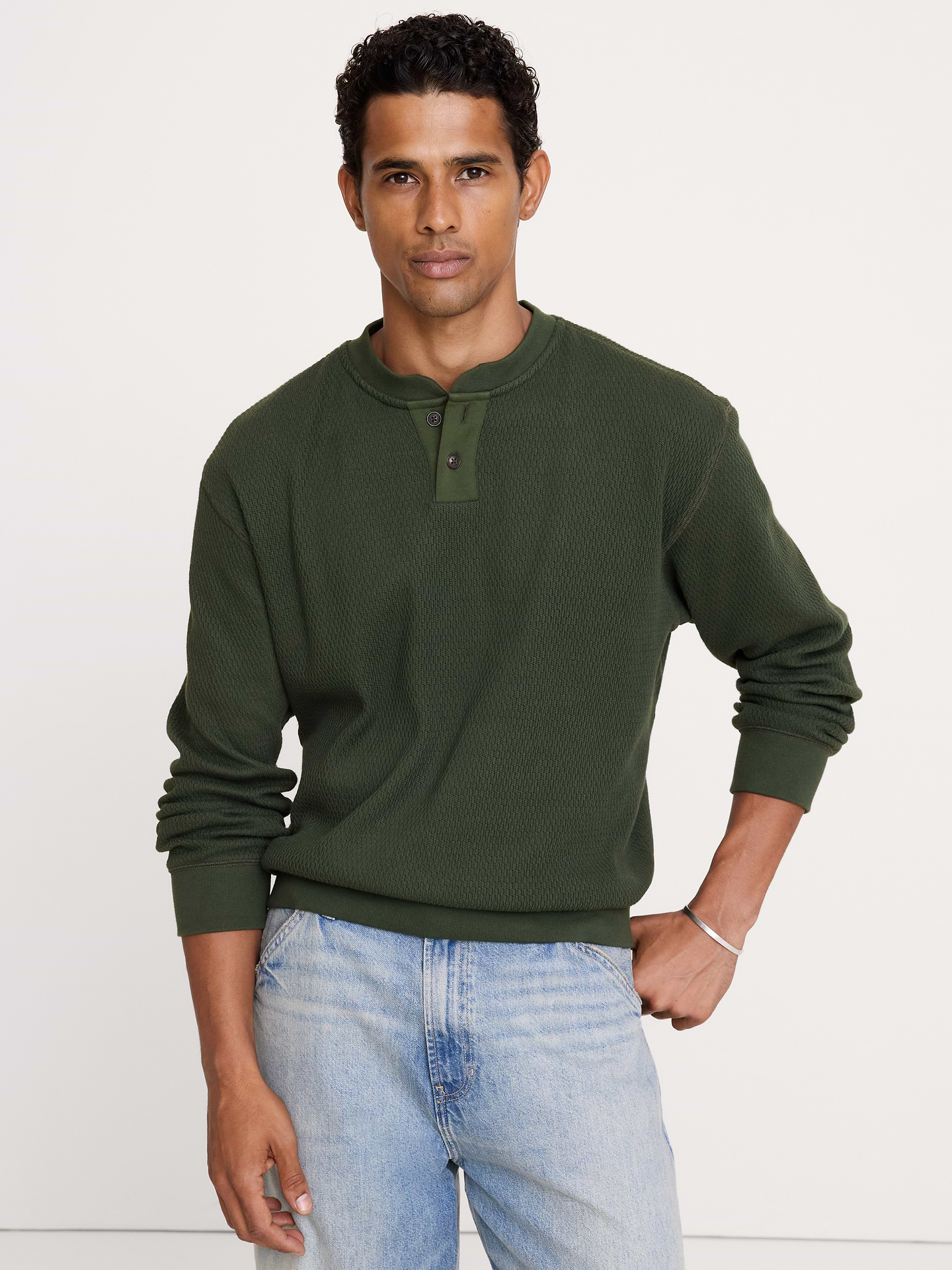 Image 1 of 1, Cut from soft cotton, this heavyweight shirt uses a textured waffle detail that makes it an easy go-to for dressing up on a cool day., Relaxed Fit: A straight & roomy fit. Dropped shoulder seam., Crew neck with henley placket., Straight hem., Product #1180477