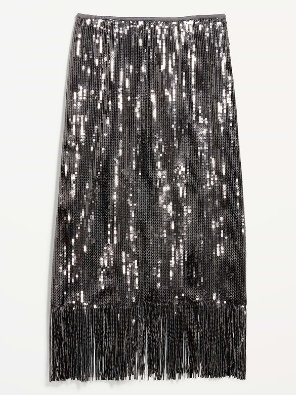 Sequin Fringe-Hem Midi Skirt