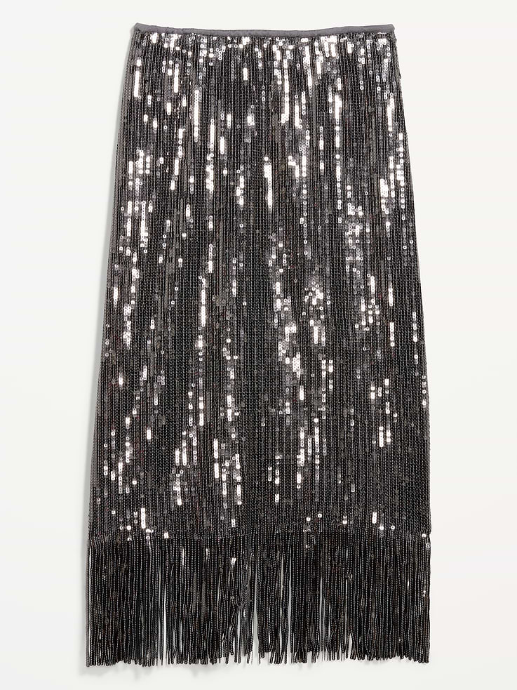 Image 1 of 6, elasticized waistband, allover sequin embellishments, straight silhouette, long fringe trim at hem, Product #1185453