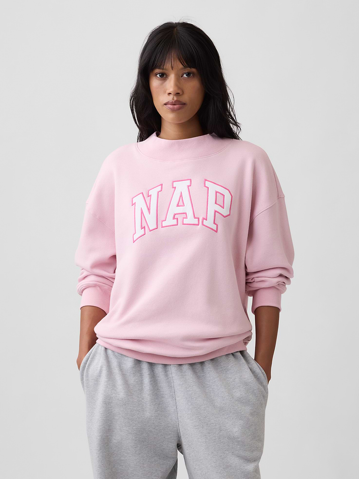 Image 1 of 5, This product is made with/contains 23% recycled polyester. Compared to virgin materials, using recycled materials helps reduce resource use and waste., Soft, comfy fleece., Dropped shoulder, long sleeves with banded cuffs., Mockneck., Nap graphic at front., Banded hem., Product #1199690