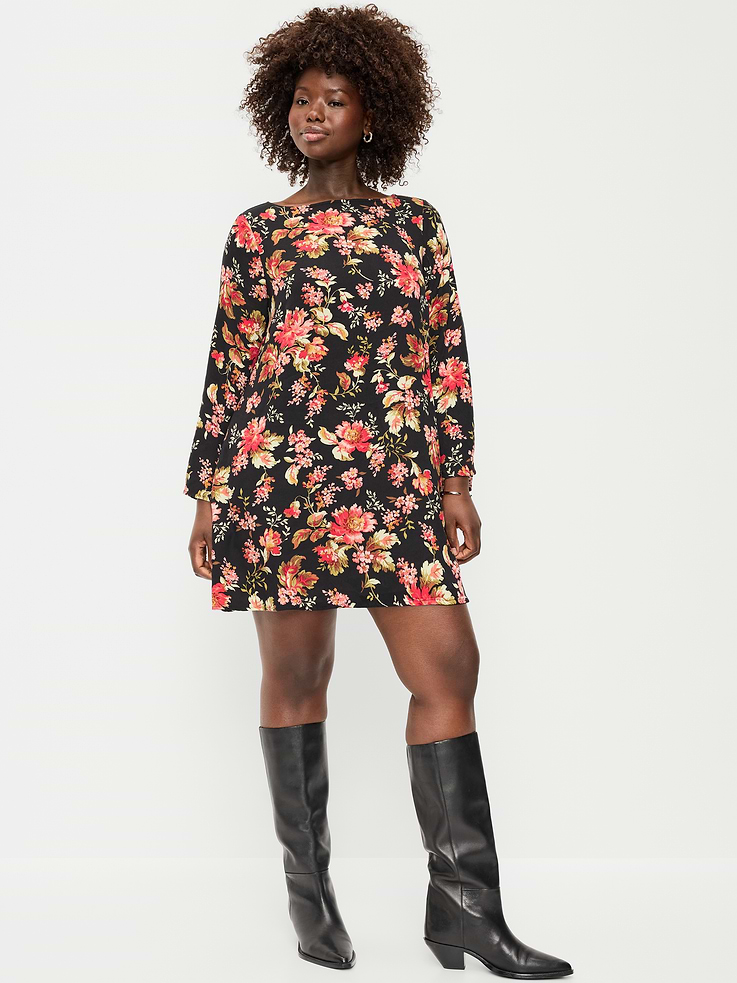 Image 2 of 5, Long-Sleeve Crepe Swing Mini Dress
