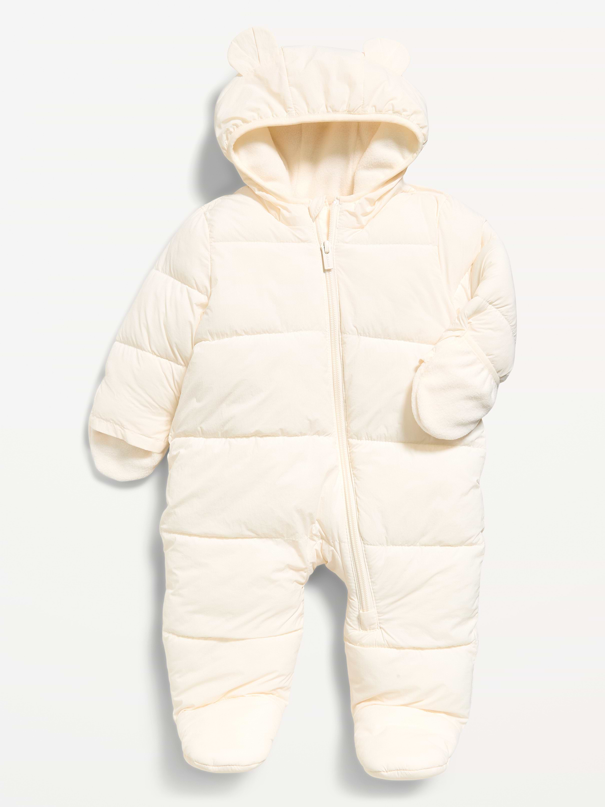 Image 1 of 1, sizes 0-3M, 3-6M, 6-12M with sewn-in feet, sizes 12-18M and 18-24M without sewn-in feature, built-in hood, long sleeves, fold-over mittens, full-length zipper, water-resistant, Product #908320