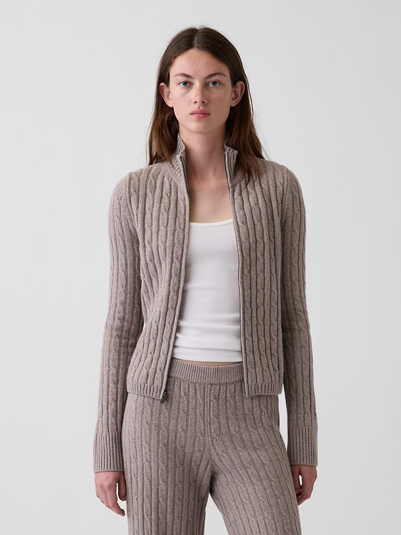 CashSoft Cable-Knit Zip Cardigan