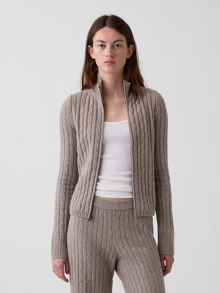 Image 1 of 5, Supersoft cable-knit cotton-blend zip cardigan., Mockneck, zipper front., Long sleeves., Ribbed cuffs and hem., This product was made in a factory that invests in gender equity and women’s empowerment through RISE. Learn more at gapinc.com/equity ., Product #1186083
