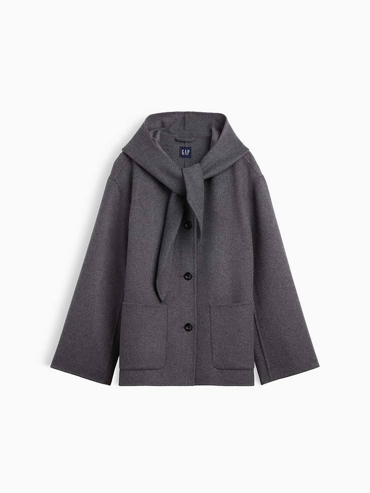 Image 4 of 4, Wool-Blend Hooded Tie-Neck Coat