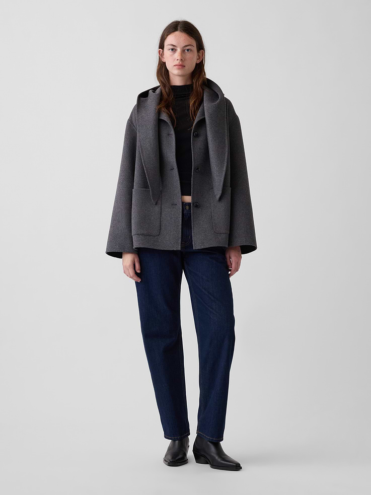 Image 2 of 4, Wool-Blend Hooded Tie-Neck Coat
