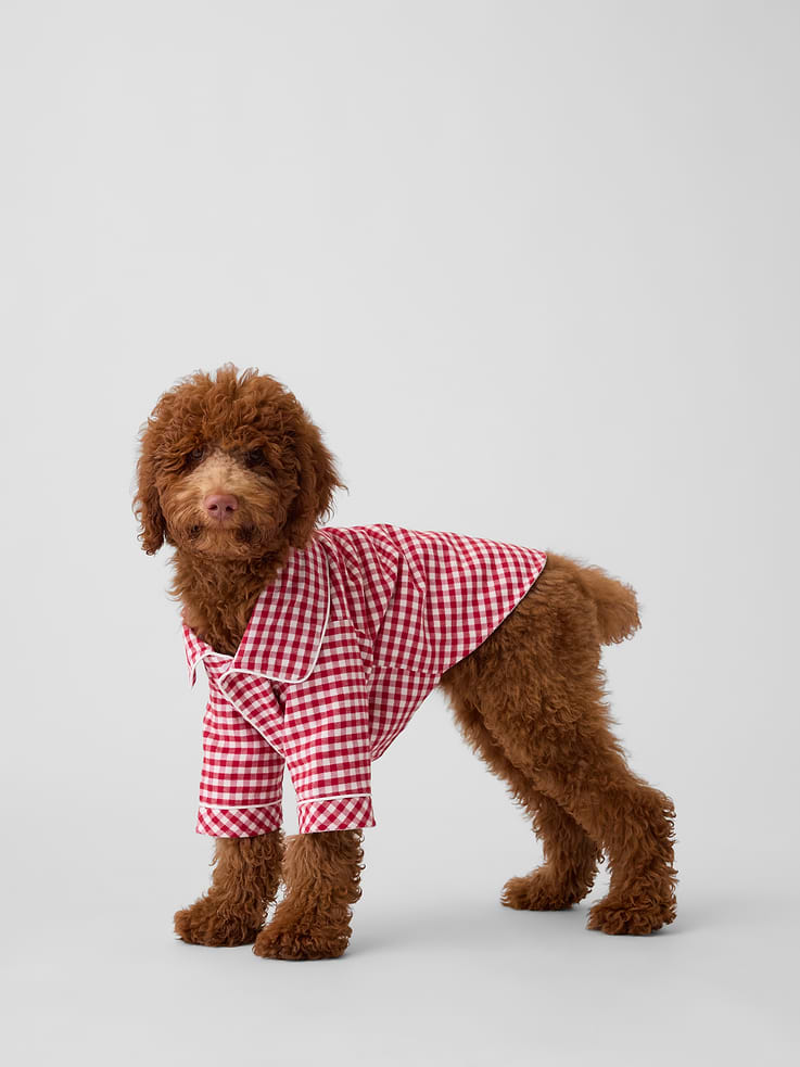 Image 1 of 2, Our softest flannel ever. Double washed for extra softness. Fully relaxed for easy comfort. Universally perfect for absolutely everyone., Supersoft cotton flannel pajama one-piece for pets. With a cozy microfleece lining., Spread collar., Velcro closure at front placket., Piping detail at edges., Allover print., Fleece lining., This product was made in a factory that invests in gender equity and women’s empowerment through RISE. Learn more at gapinc.com/equity ., Shop matching PJs for all., Product #1185353