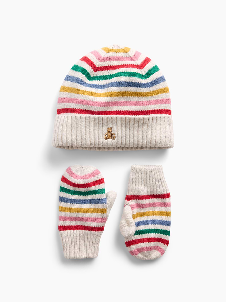 Image 1 of 2, Our bestselling fabric that feels cashmere-soft. Crafted in a midweight plush yarn. Refined with a special brushed technique. It's everyday luxury., Supersoft knit beanie and mittens cold-weather accessories set., Ribbed cuffs and hem., Embroidered Brannan Bear at rolled brim., Allover Happy Stripe., This product was made in a factory that invests in gender equity and women’s empowerment through RISE. Learn more at gapinc.com/equity ., Product #1184961