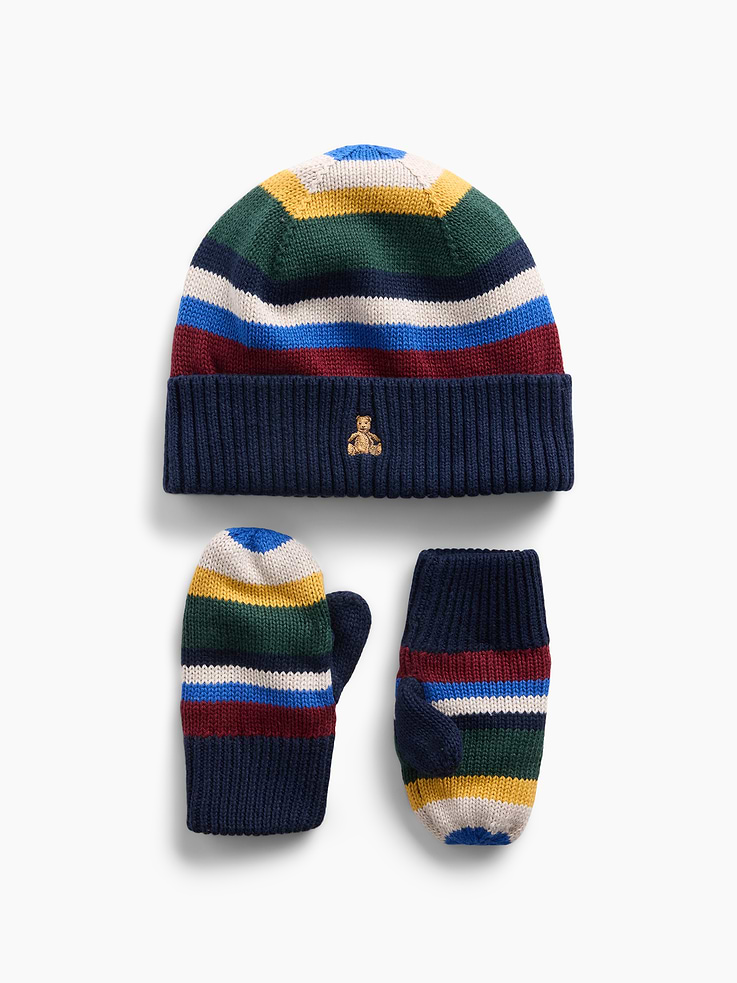 Image 1 of 2, Our bestselling fabric that feels cashmere-soft. Crafted in a midweight plush yarn. Refined with a special brushed technique. It's everyday luxury., Supersoft knit beanie and mittens cold-weather accessories set., Ribbed cuffs and hem., Embroidered Brannan Bear at rolled brim., Allover Happy Stripe., This product was made in a factory that invests in gender equity and women’s empowerment through RISE. Learn more at gapinc.com/equity ., Product #1185858